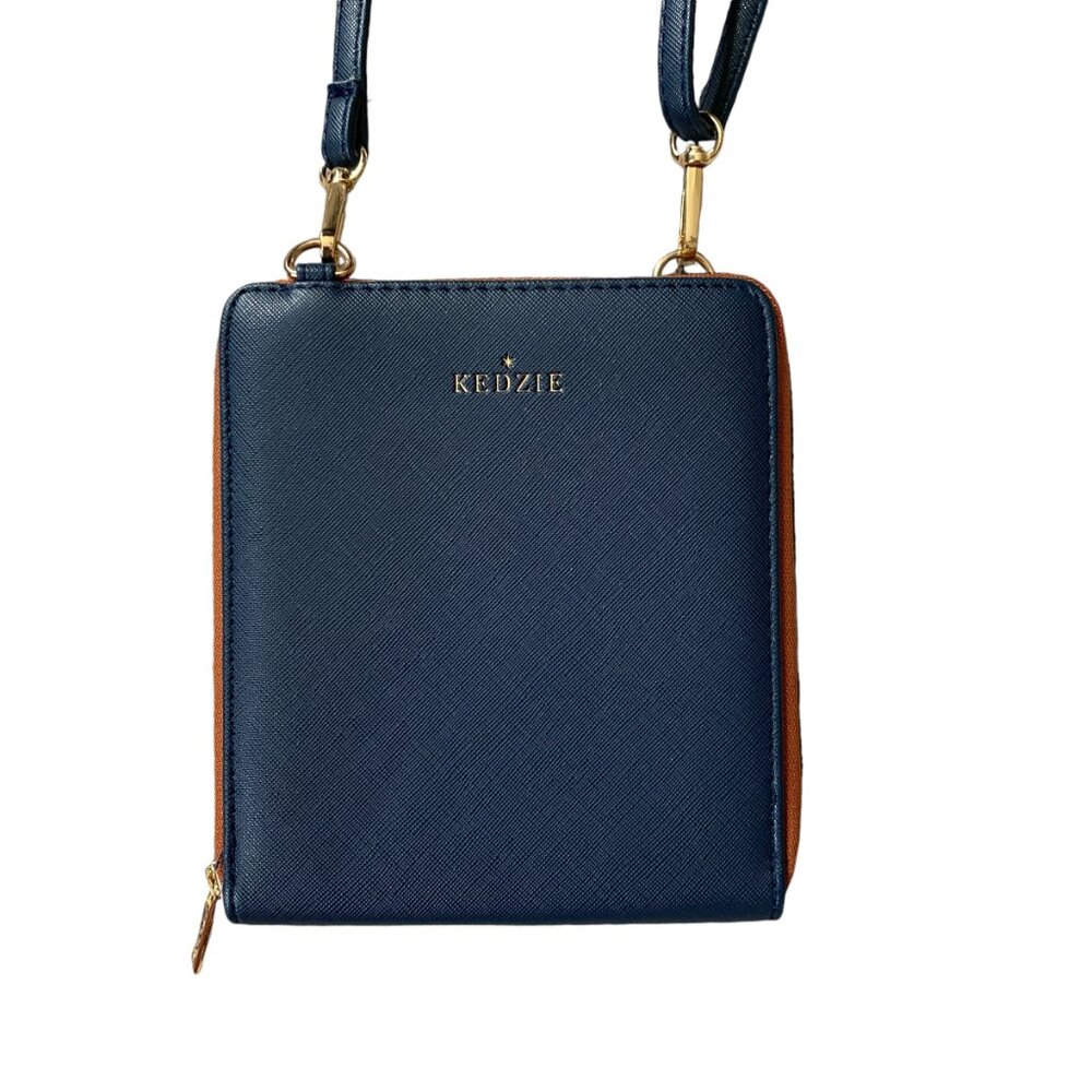 Kedzie blue and chestnut women's crossbody bag clutch wallet compartments slots